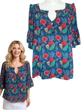 Anthropologie Maeve Smocked Square Neck Blouse Teal Floral S